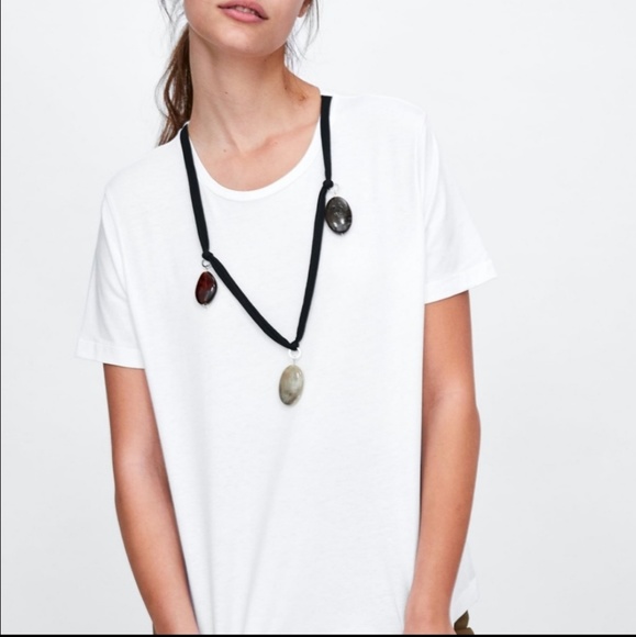 Zara White short sleeve tee with necklace attached Med. Casual Festival All-in-1 - Picture 3 of 8